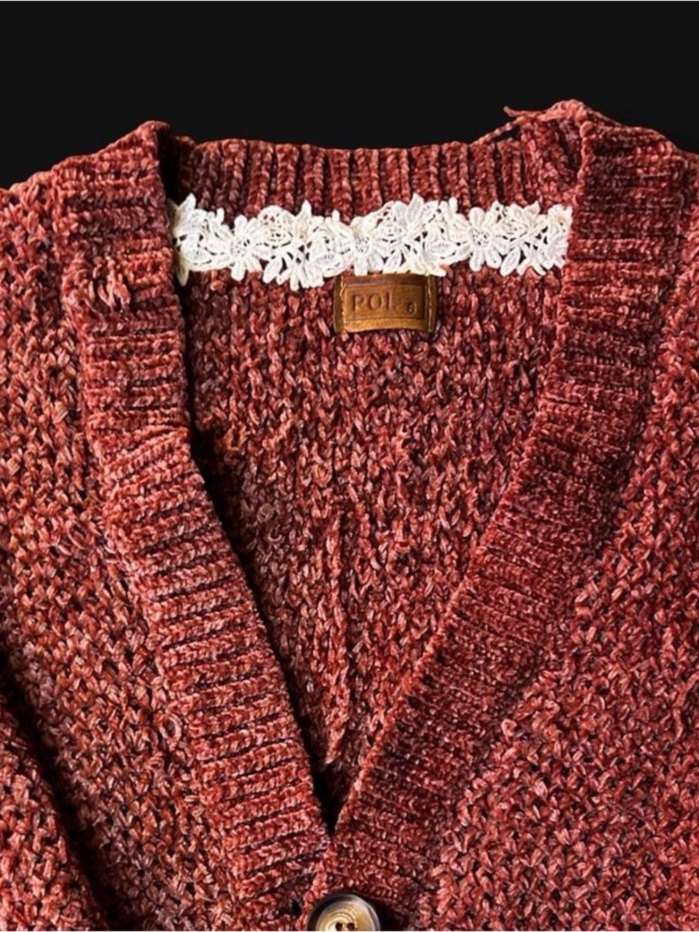 POL Textured V-Neck Cardigan Sweater in Rust Red
